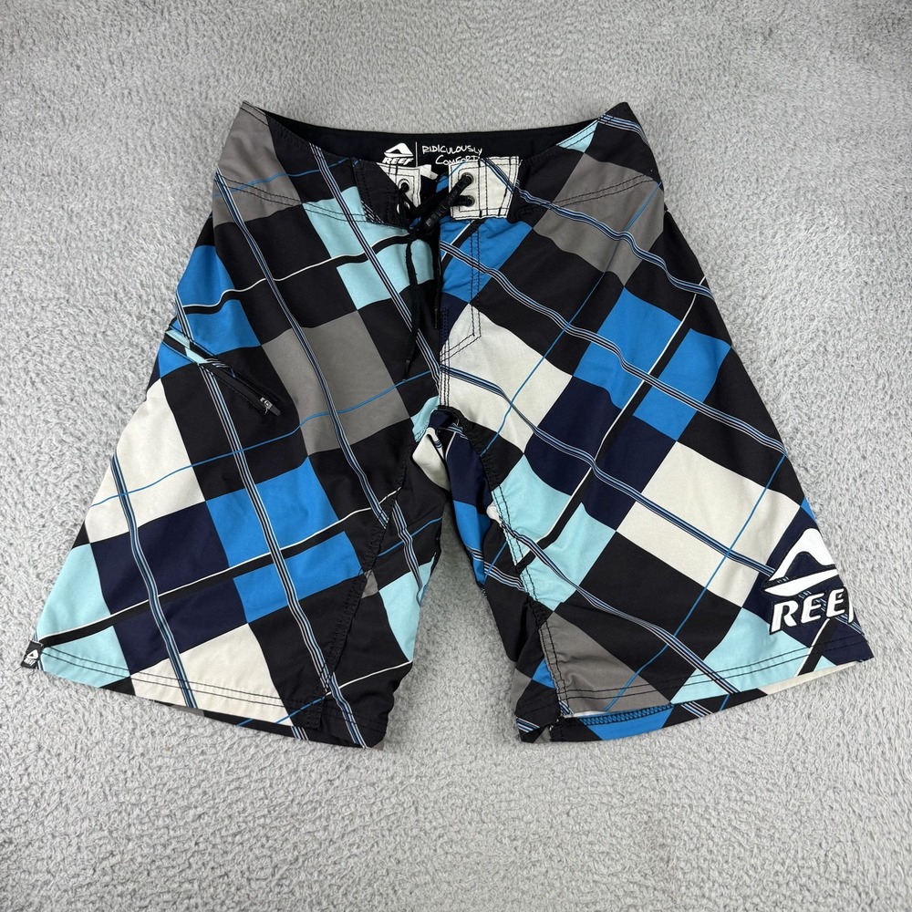 Reef Board Shorts Mens 32 Blue Black Plaid Swim Trunks Ridiculously Comfortable